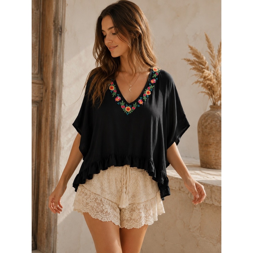 America & Beyond Floral Embroidered Poncho Top Black Boho Ruffle Hem M/L